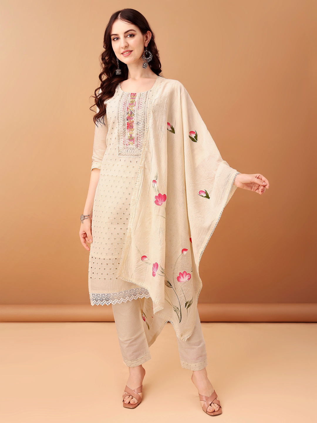 Schiffli & Embroidered Kurta With Pant & Dupatta, Cream - Hiral Fashion | Grocsy