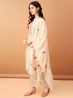 Schiffli & Embroidered Kurta With Pant & Dupatta, Cream - Hiral Fashion | Grocsy