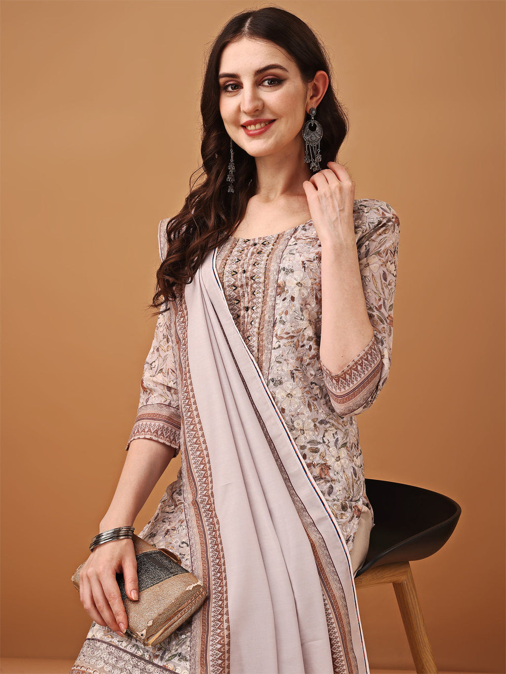 Hand Embroidered,Schiffli & Printed Kurta With Pant & Printed Dupatta, Brown - Hiral Fashion | Grocsy