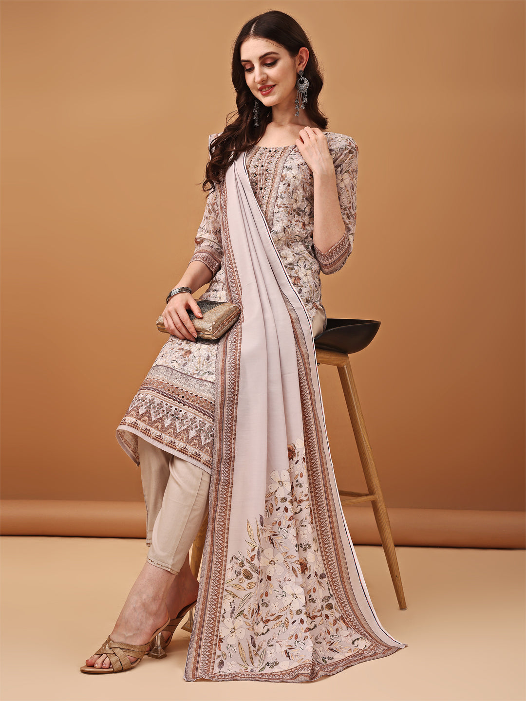 Hand Embroidered,Schiffli & Printed Kurta With Pant & Printed Dupatta, Brown - Hiral Fashion | Grocsy