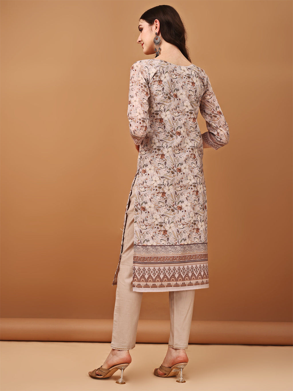 Hand Embroidered,Schiffli & Printed Kurta With Pant & Printed Dupatta, Brown - Hiral Fashion | Grocsy