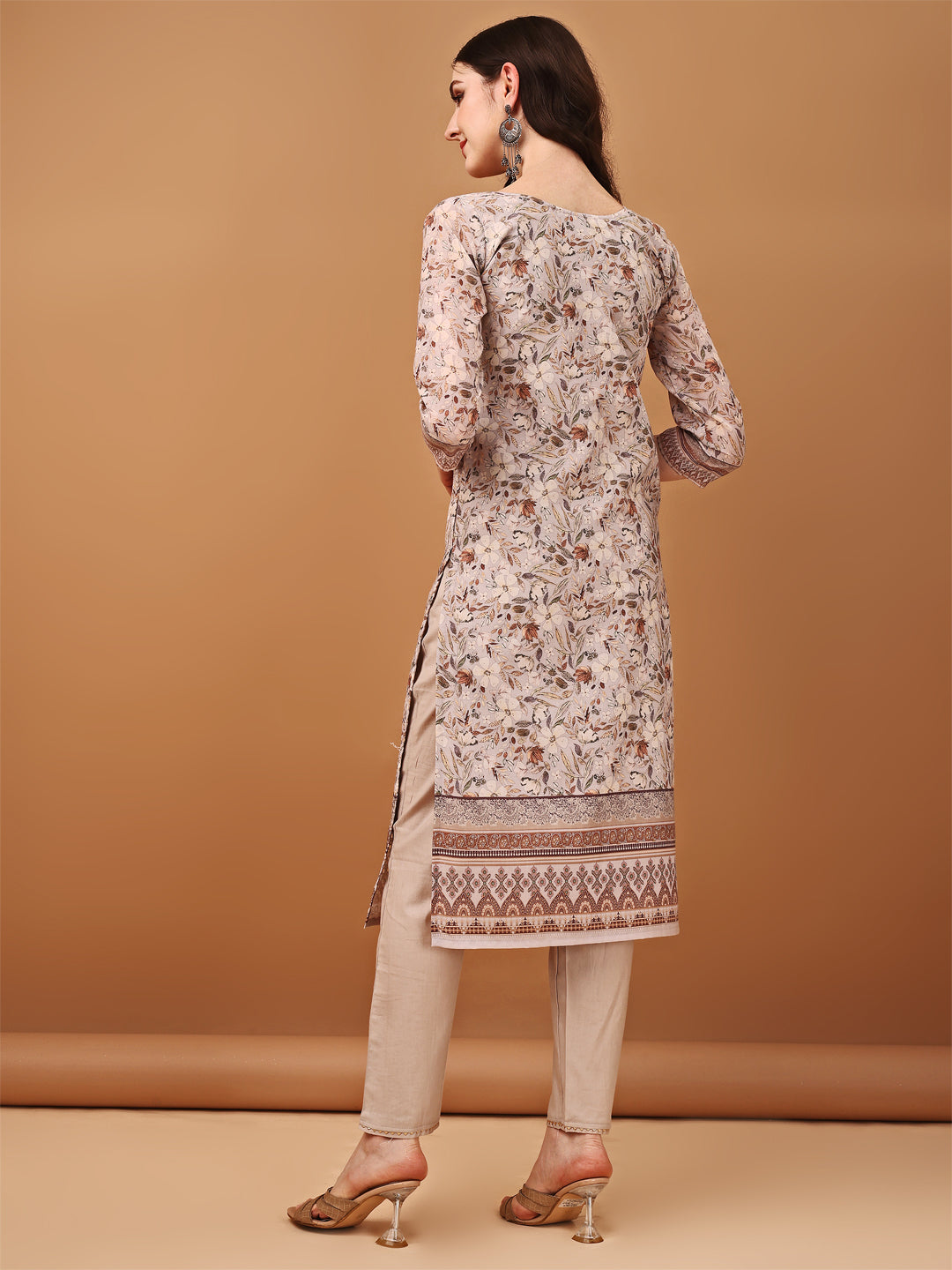 Hand Embroidered,Schiffli & Printed Kurta With Pant & Printed Dupatta, Brown - Hiral Fashion | Grocsy