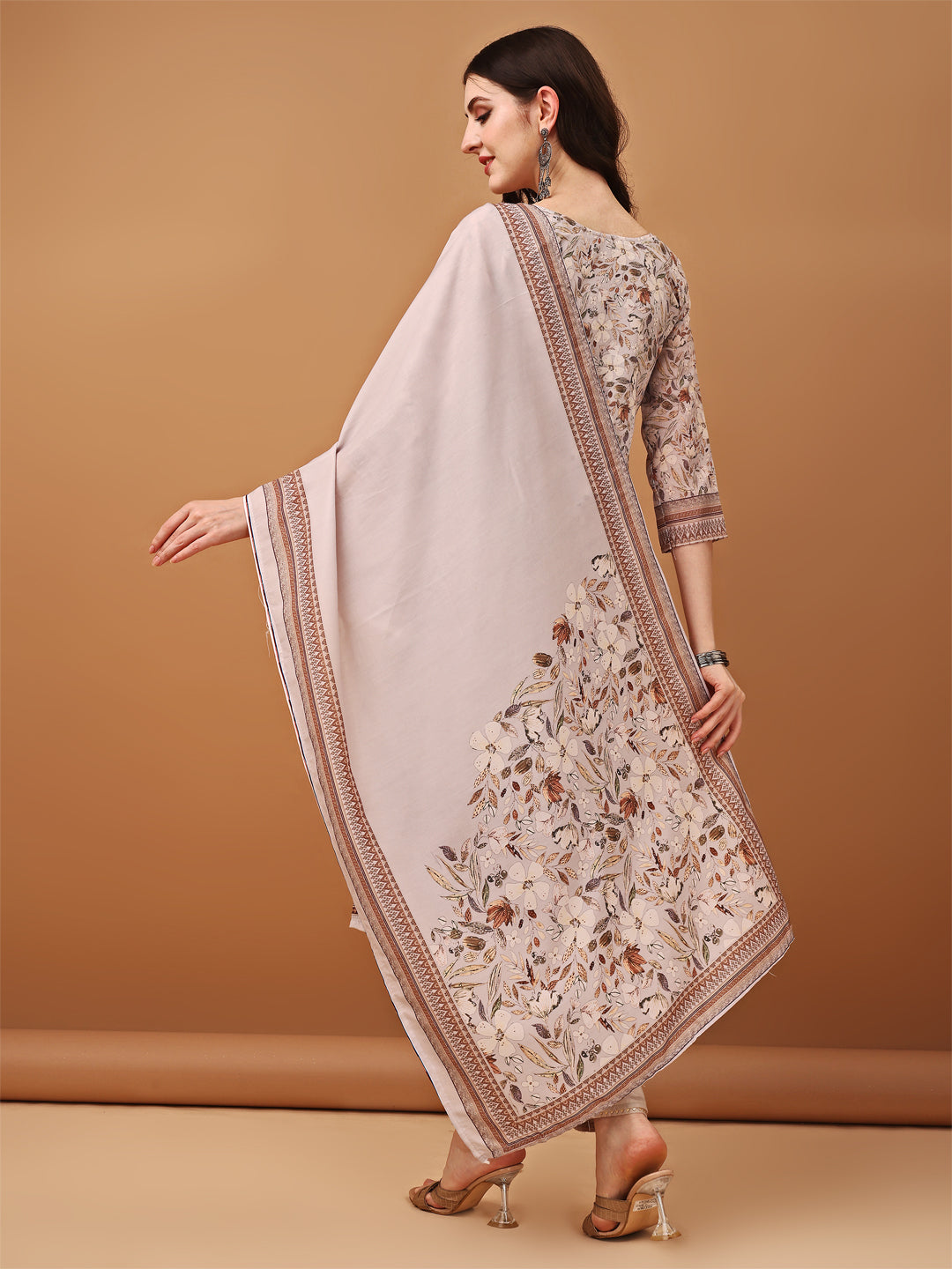 Hand Embroidered,Schiffli & Printed Kurta With Pant & Printed Dupatta, Brown - Hiral Fashion | Grocsy