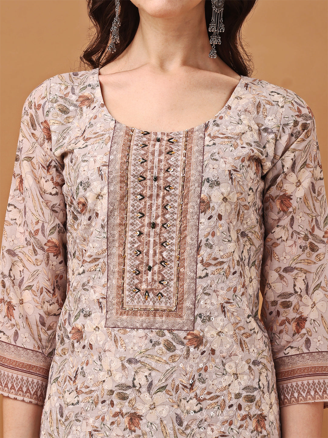 Hand Embroidered,Schiffli & Printed Kurta With Pant & Printed Dupatta, Brown - Hiral Fashion | Grocsy