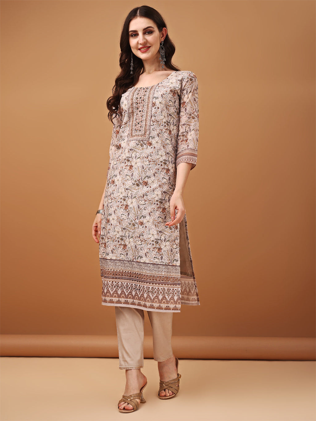Hand Embroidered,Schiffli & Printed Kurta With Pant & Printed Dupatta, Brown - Hiral Fashion | Grocsy