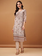 Hand Embroidered,Schiffli & Printed Kurta With Pant & Printed Dupatta, Brown - Hiral Fashion | Grocsy