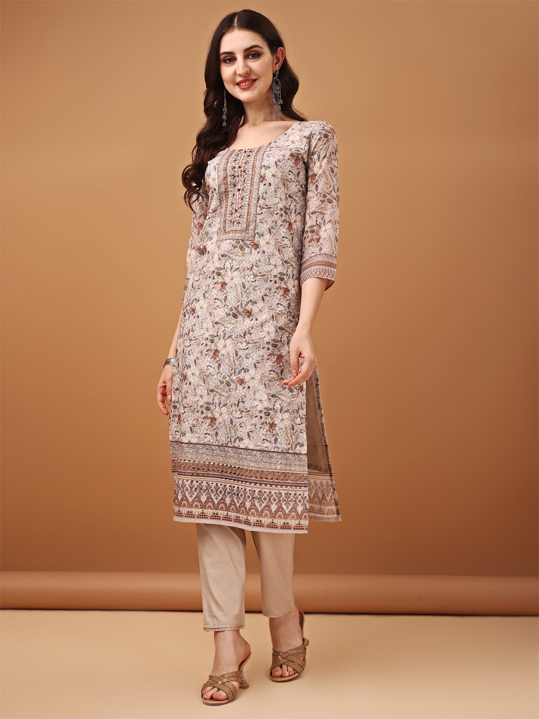 Hand Embroidered,Schiffli & Printed Kurta With Pant & Printed Dupatta, Brown - Hiral Fashion | Grocsy