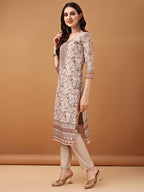 Hand Embroidered,Schiffli & Printed Kurta With Pant & Printed Dupatta, Brown - Hiral Fashion | Grocsy