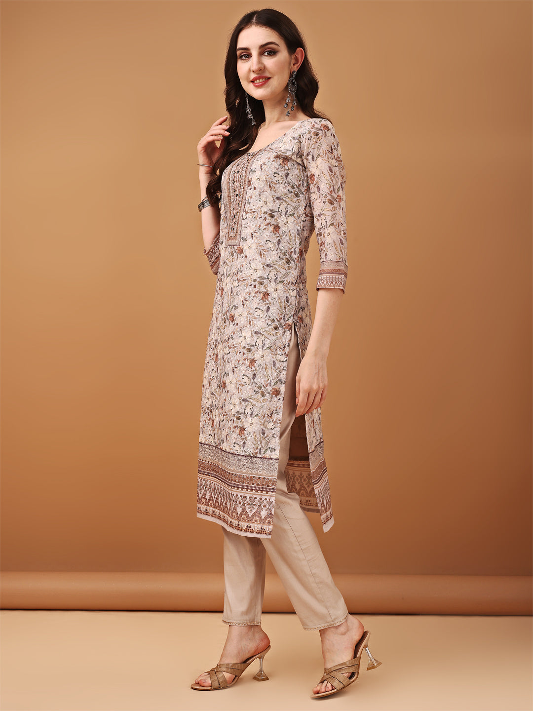 Hand Embroidered,Schiffli & Printed Kurta With Pant & Printed Dupatta, Brown - Hiral Fashion | Grocsy