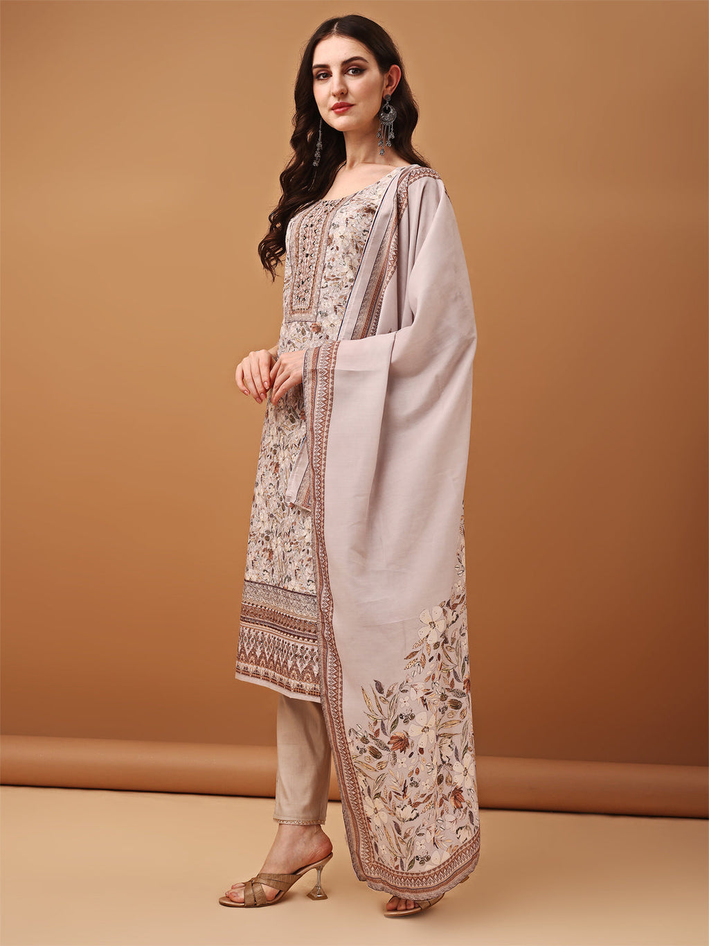 Hand Embroidered,Schiffli & Printed Kurta With Pant & Printed Dupatta, Brown - Hiral Fashion | Grocsy