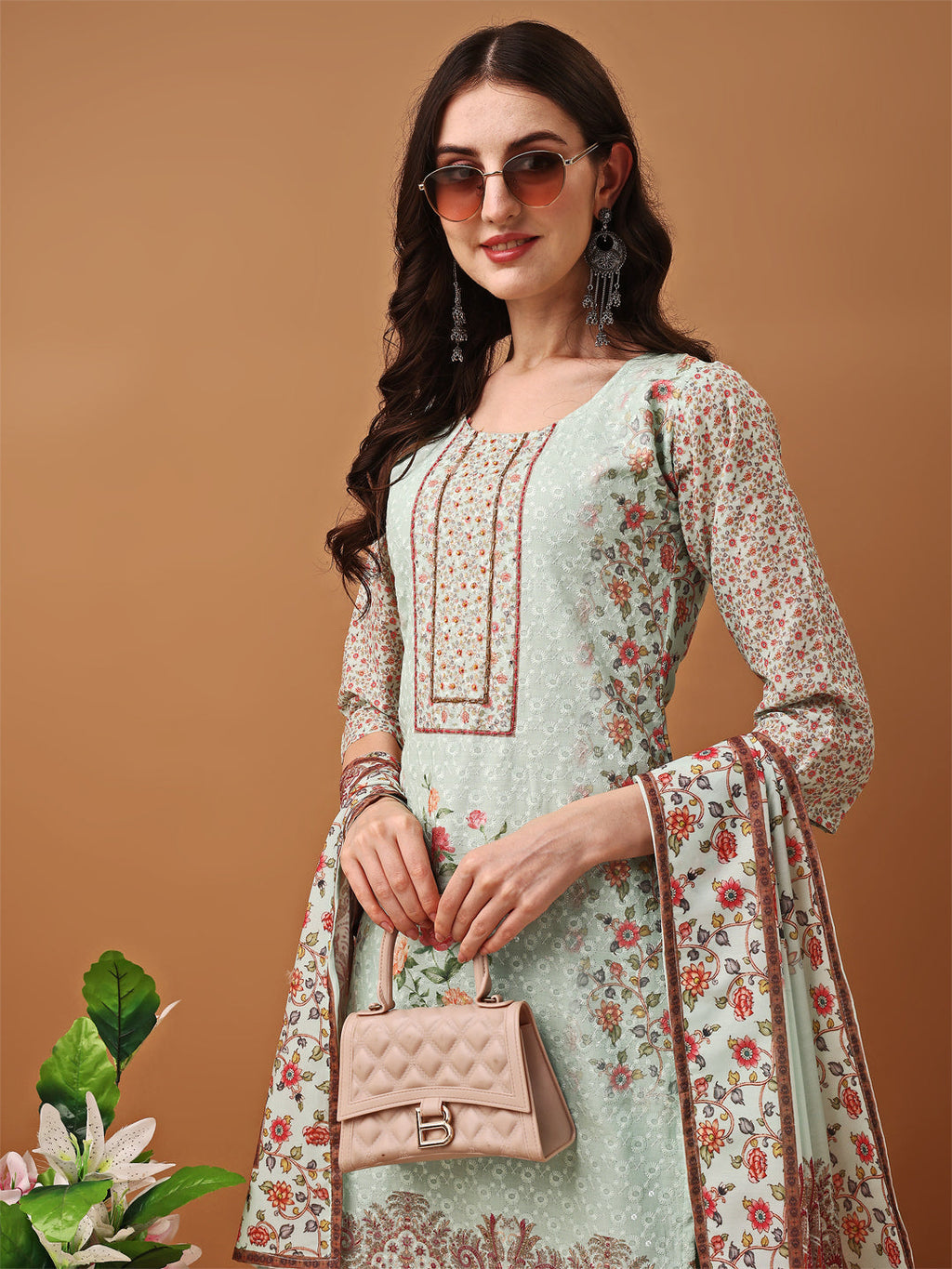 Hand Embroidered,Schiffli & Printed Kurta With Pant & Printed Dupatta, Green - Hiral Fashion | Grocsy