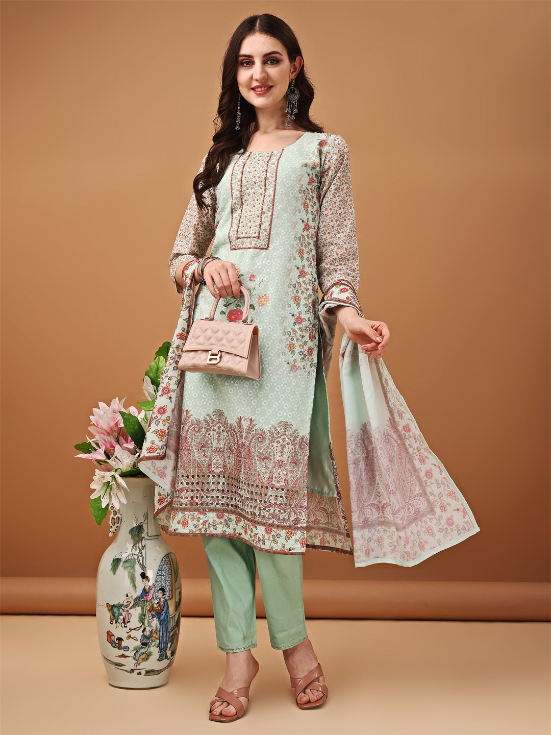 Hand Embroidered,Schiffli & Printed Kurta With Pant & Printed Dupatta, Green - Hiral Fashion | Grocsy