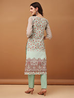 Hand Embroidered,Schiffli & Printed Kurta With Pant & Printed Dupatta, Green - Hiral Fashion | Grocsy