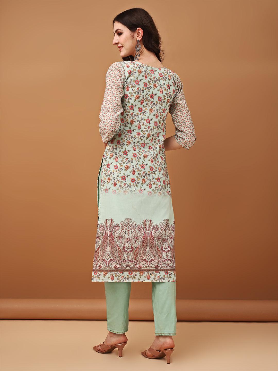 Hand Embroidered,Schiffli & Printed Kurta With Pant & Printed Dupatta, Green - Hiral Fashion | Grocsy