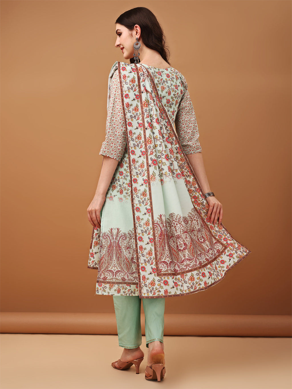 Hand Embroidered,Schiffli & Printed Kurta With Pant & Printed Dupatta, Green - Hiral Fashion | Grocsy