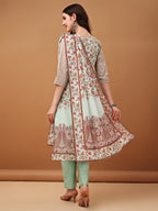 Hand Embroidered,Schiffli & Printed Kurta With Pant & Printed Dupatta, Green - Hiral Fashion | Grocsy