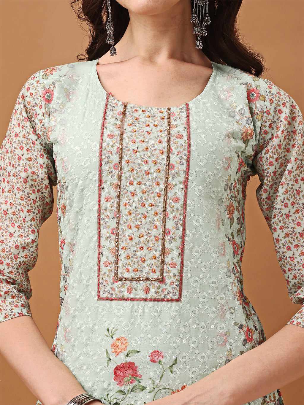 Hand Embroidered,Schiffli & Printed Kurta With Pant & Printed Dupatta, Green - Hiral Fashion | Grocsy