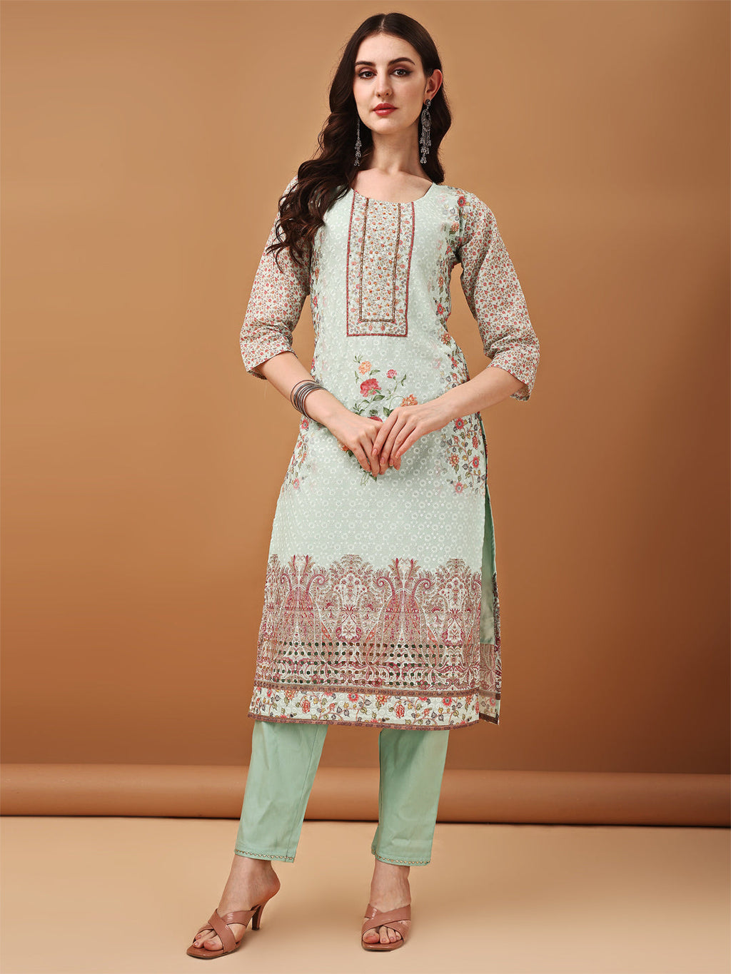Hand Embroidered,Schiffli & Printed Kurta With Pant & Printed Dupatta, Green - Hiral Fashion | Grocsy