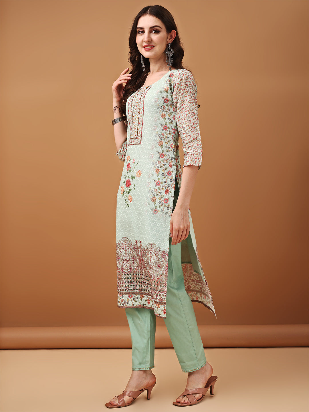 Hand Embroidered,Schiffli & Printed Kurta With Pant & Printed Dupatta, Green - Hiral Fashion | Grocsy