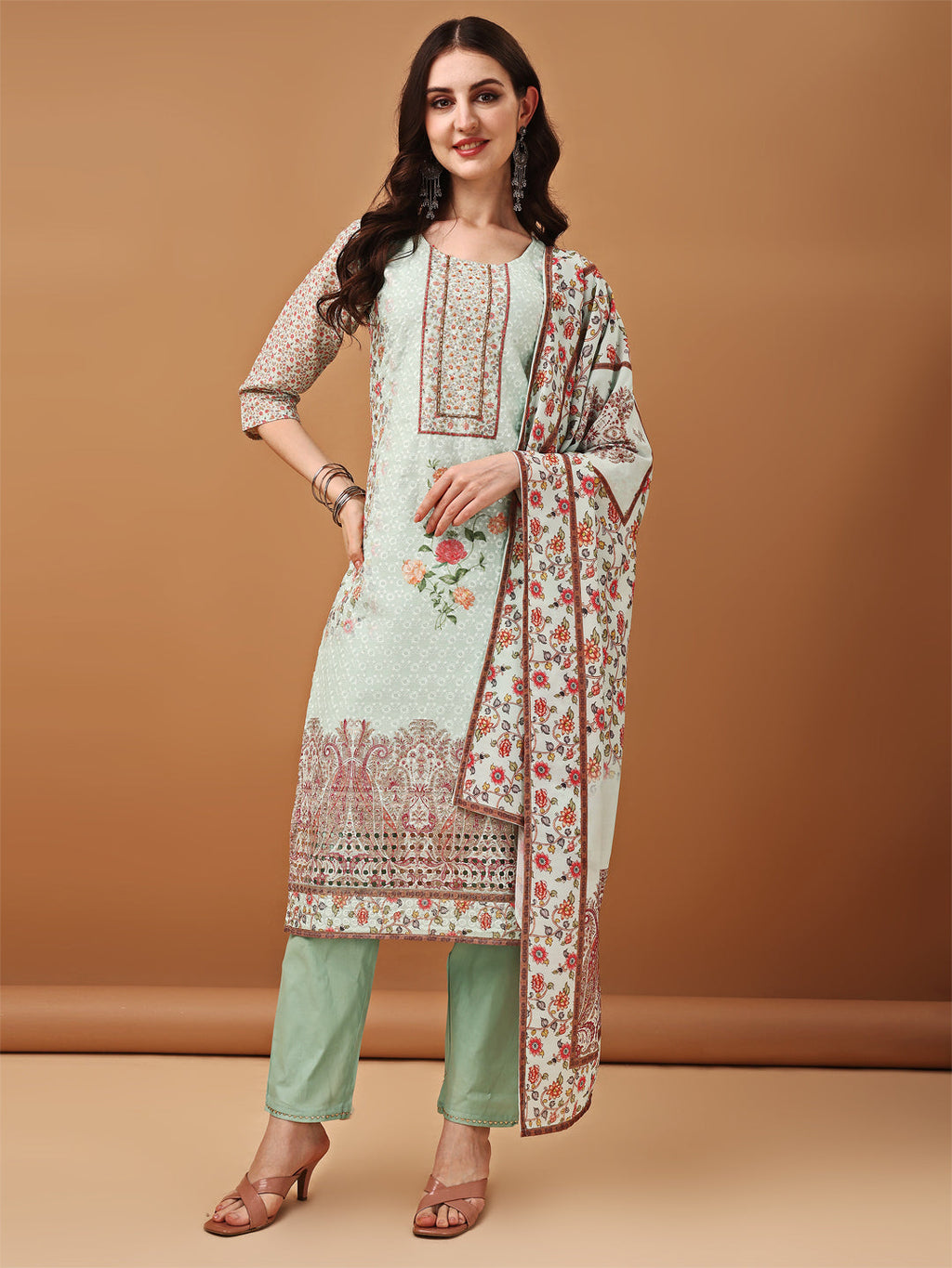 Hand Embroidered,Schiffli & Printed Kurta With Pant & Printed Dupatta, Green - Hiral Fashion | Grocsy