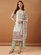 Hand Embroidered,Schiffli & Printed Kurta With Pant & Printed Dupatta, Green - Hiral Fashion | Grocsy