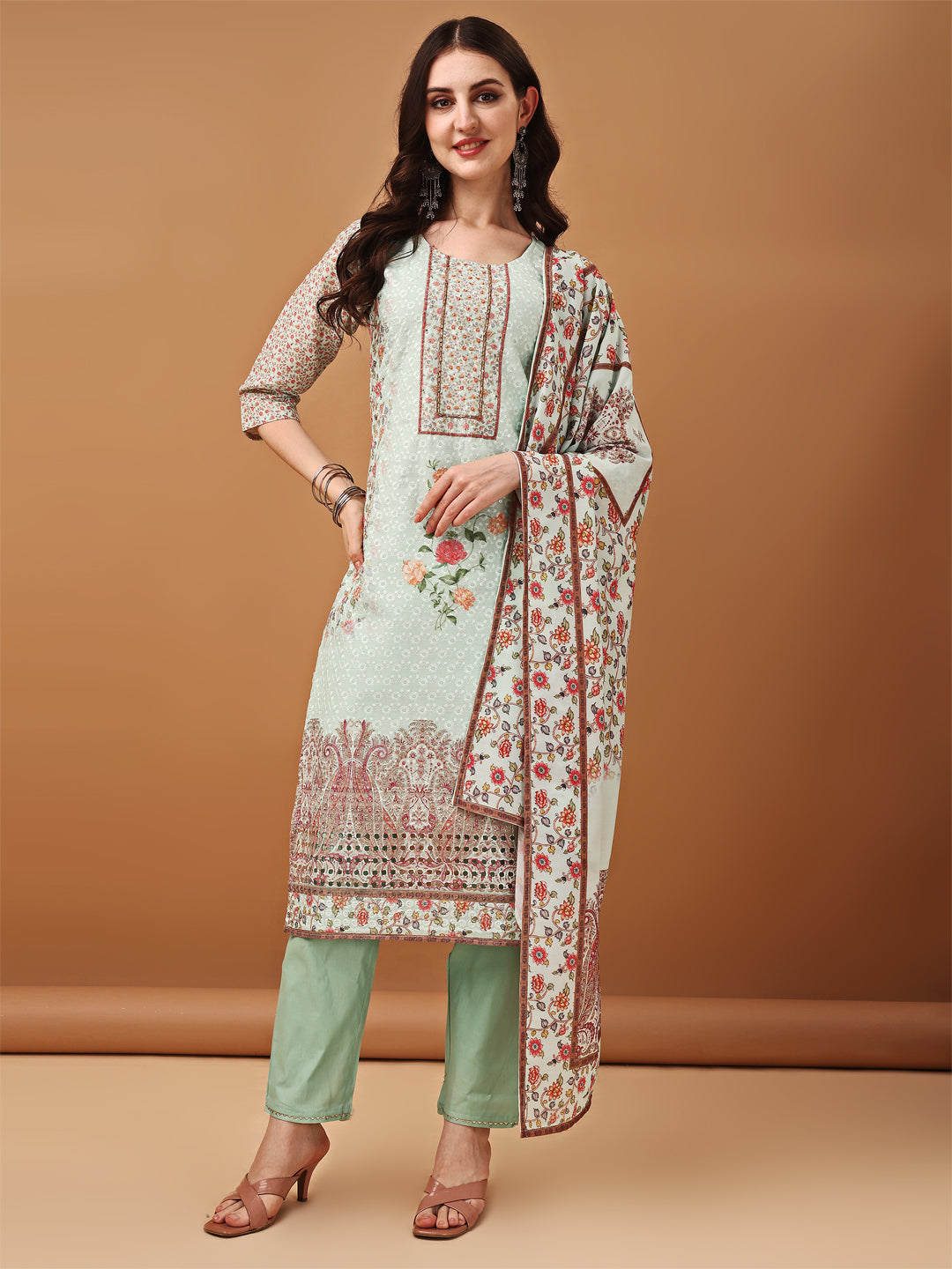 Hand Embroidered,Schiffli & Printed Kurta With Pant & Printed Dupatta, Green - Hiral Fashion | Grocsy