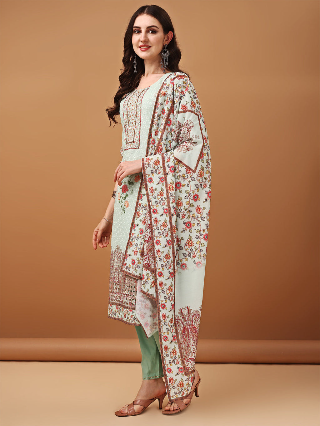 Hand Embroidered,Schiffli & Printed Kurta With Pant & Printed Dupatta, Green - Hiral Fashion | Grocsy