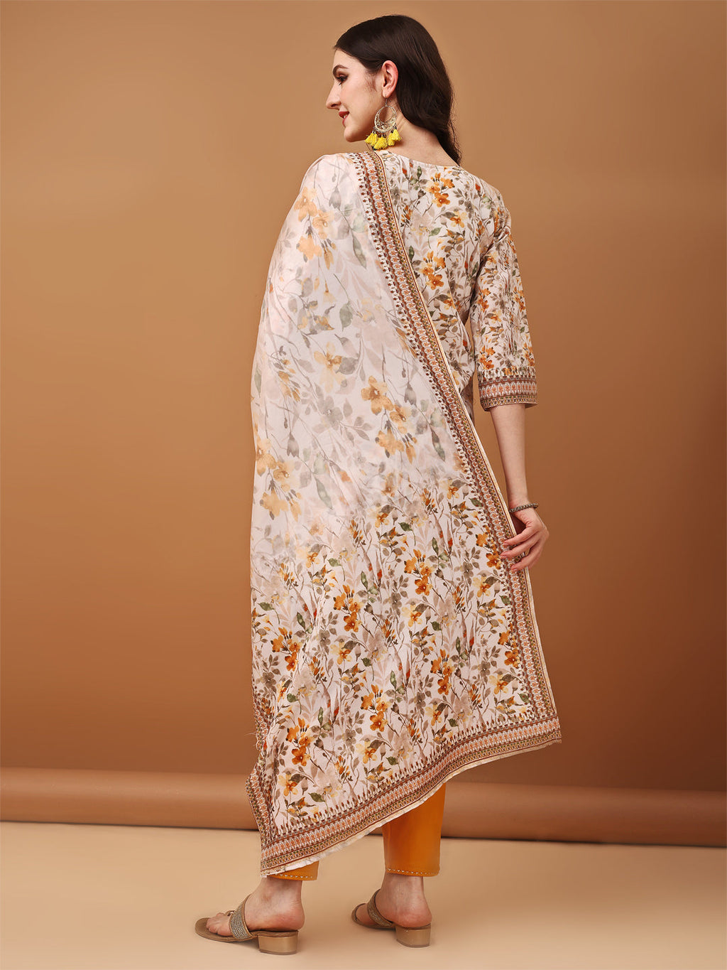 Hand Embroidered,Schiffli & Printed Kurta With Pant & Printed Dupatta, Yellow - Hiral Fashion | Grocsy