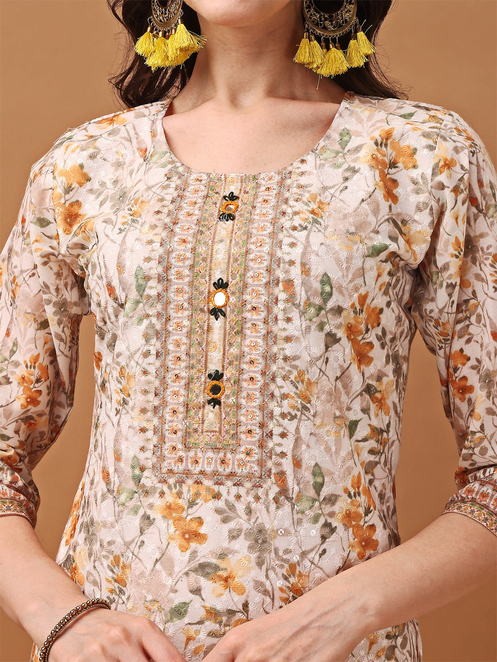 Hand Embroidered,Schiffli & Printed Kurta With Pant & Printed Dupatta, Yellow - Hiral Fashion | Grocsy