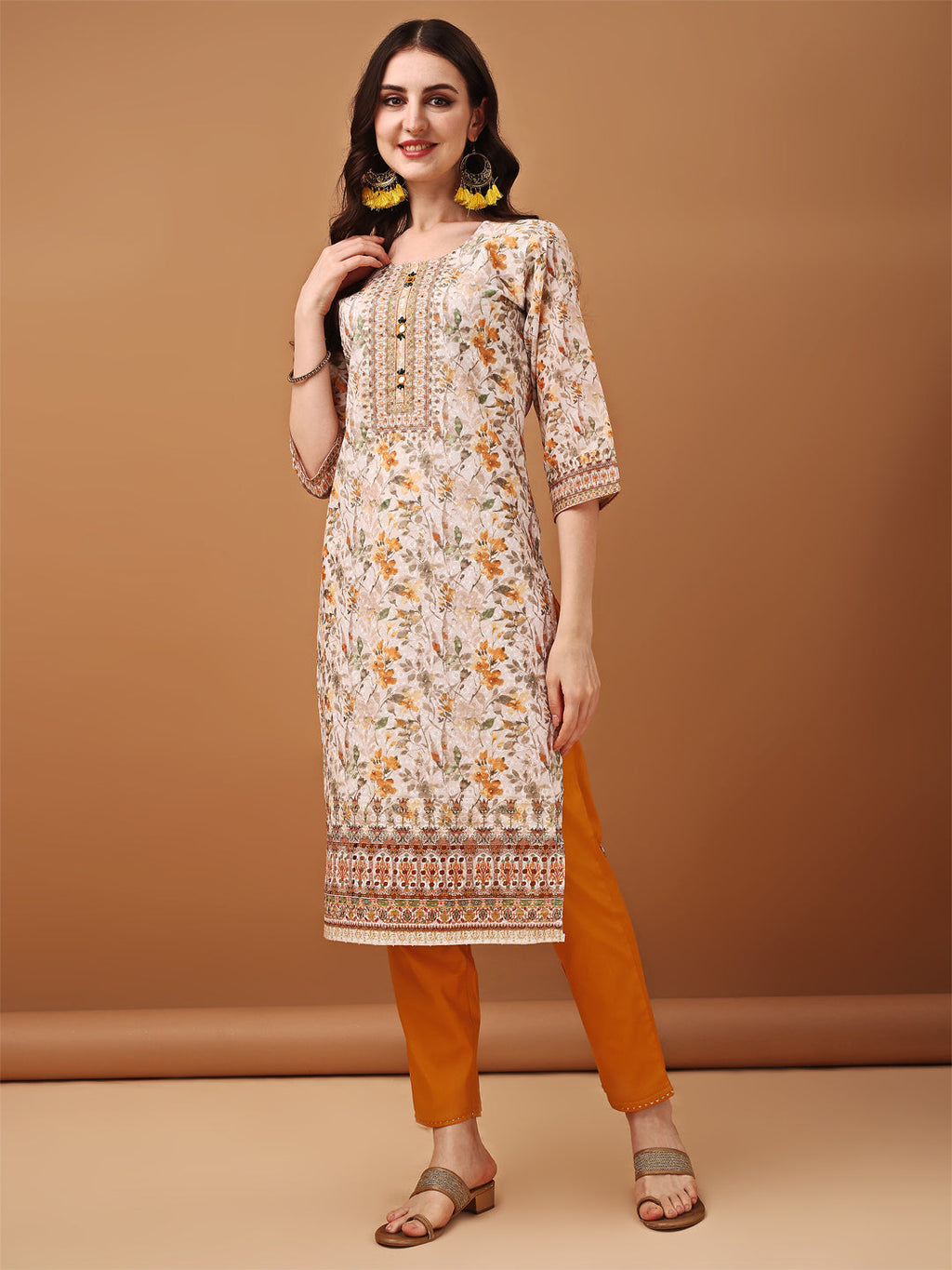 Hand Embroidered,Schiffli & Printed Kurta With Pant & Printed Dupatta, Yellow - Hiral Fashion | Grocsy