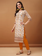 Hand Embroidered,Schiffli & Printed Kurta With Pant & Printed Dupatta, Yellow - Hiral Fashion | Grocsy