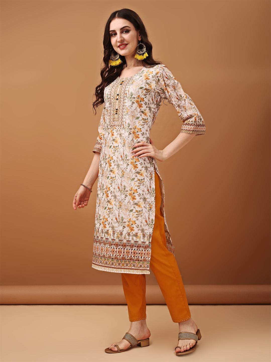 Hand Embroidered,Schiffli & Printed Kurta With Pant & Printed Dupatta, Yellow - Hiral Fashion | Grocsy