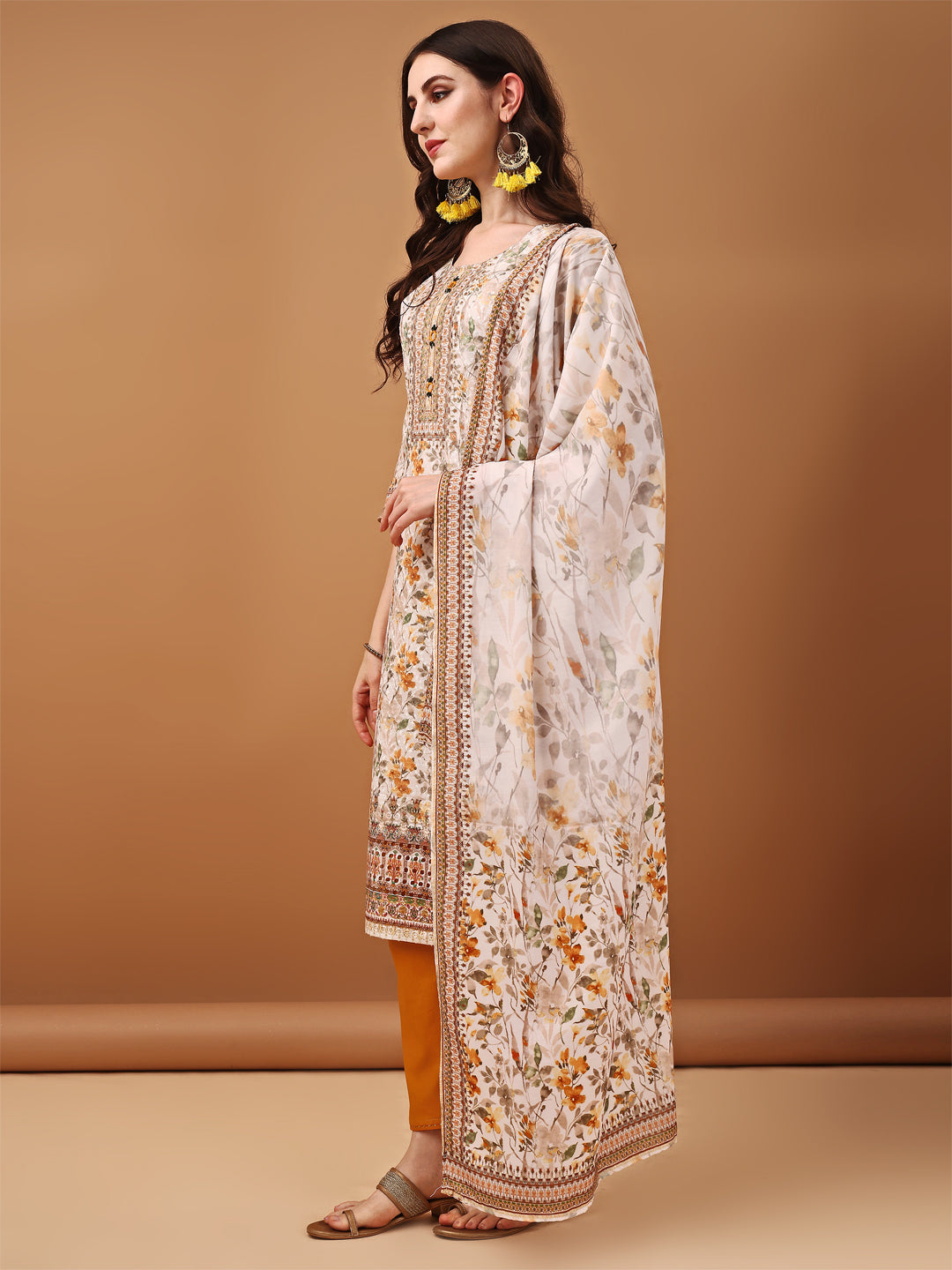 Hand Embroidered,Schiffli & Printed Kurta With Pant & Printed Dupatta, Yellow - Hiral Fashion | Grocsy