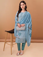 Hand Embroidered,Schiffli & Printed Kurta With Pant & Printed Dupatta, Blue - Hiral Fashion | Grocsy