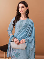 Hand Embroidered,Schiffli & Printed Kurta With Pant & Printed Dupatta, Blue - Hiral Fashion | Grocsy
