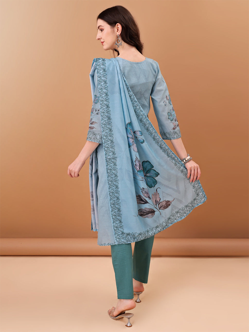 Hand Embroidered,Schiffli & Printed Kurta With Pant & Printed Dupatta, Blue - Hiral Fashion | Grocsy