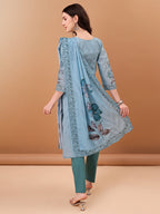 Hand Embroidered,Schiffli & Printed Kurta With Pant & Printed Dupatta, Blue - Hiral Fashion | Grocsy