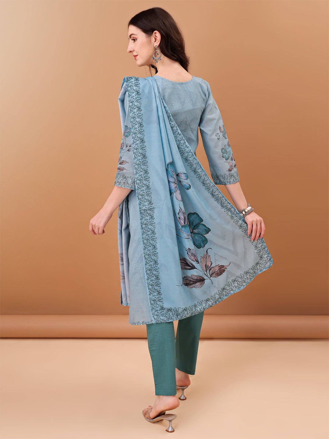 Hand Embroidered,Schiffli & Printed Kurta With Pant & Printed Dupatta, Blue - Hiral Fashion | Grocsy