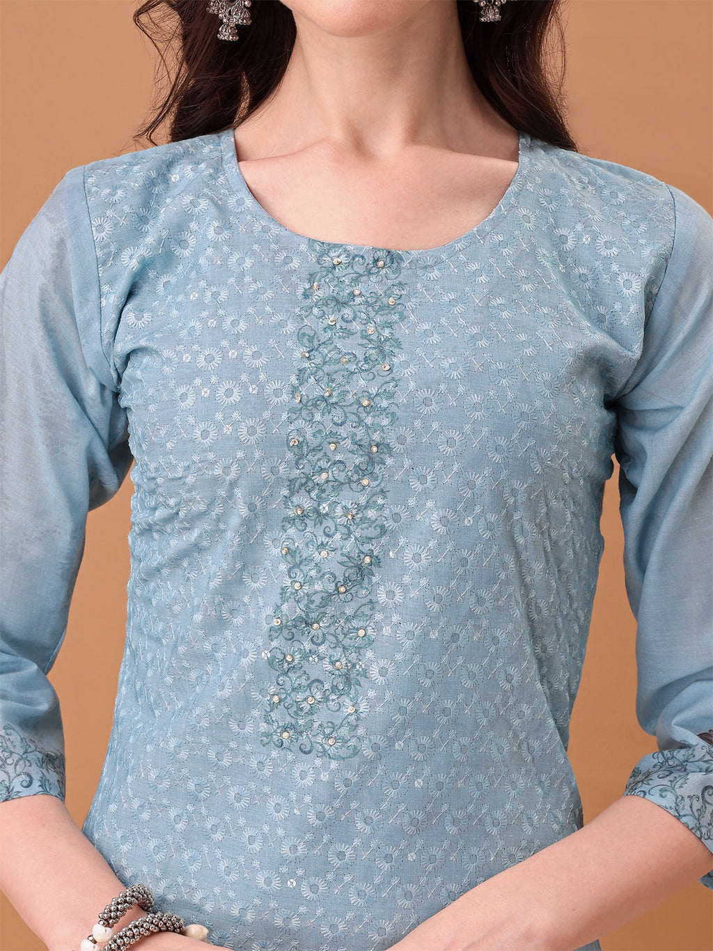 Hand Embroidered,Schiffli & Printed Kurta With Pant & Printed Dupatta, Blue - Hiral Fashion | Grocsy