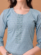 Hand Embroidered,Schiffli & Printed Kurta With Pant & Printed Dupatta, Blue - Hiral Fashion | Grocsy