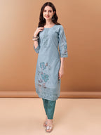 Hand Embroidered,Schiffli & Printed Kurta With Pant & Printed Dupatta, Blue - Hiral Fashion | Grocsy