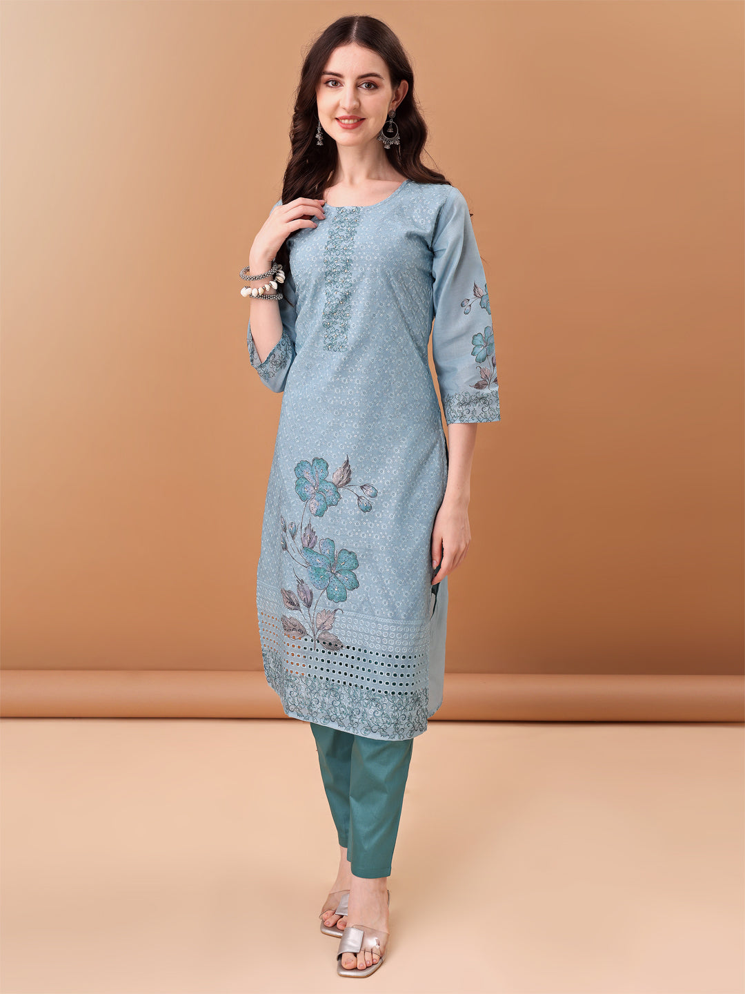 Hand Embroidered,Schiffli & Printed Kurta With Pant & Printed Dupatta, Blue - Hiral Fashion | Grocsy