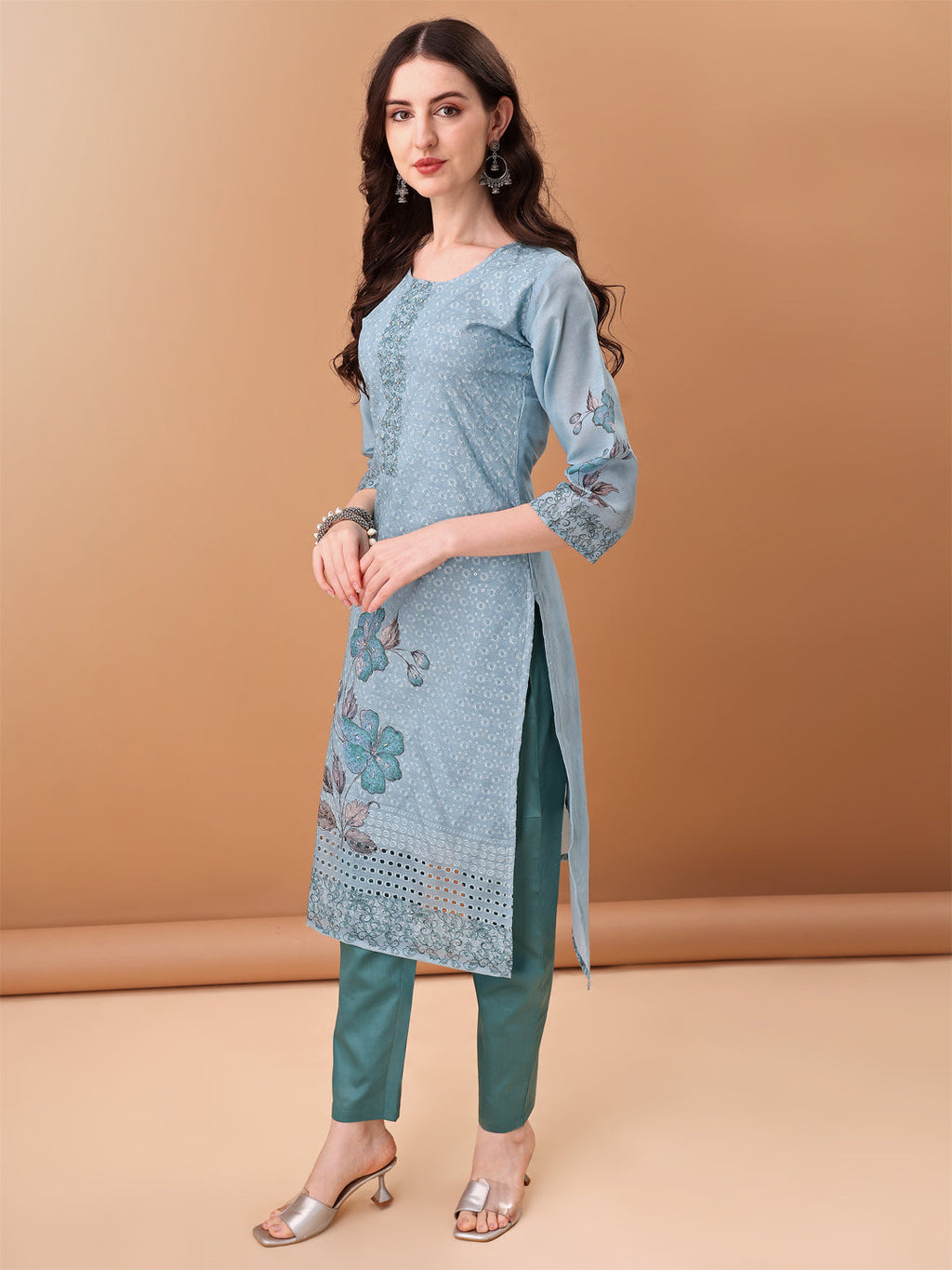 Hand Embroidered,Schiffli & Printed Kurta With Pant & Printed Dupatta, Blue - Hiral Fashion | Grocsy