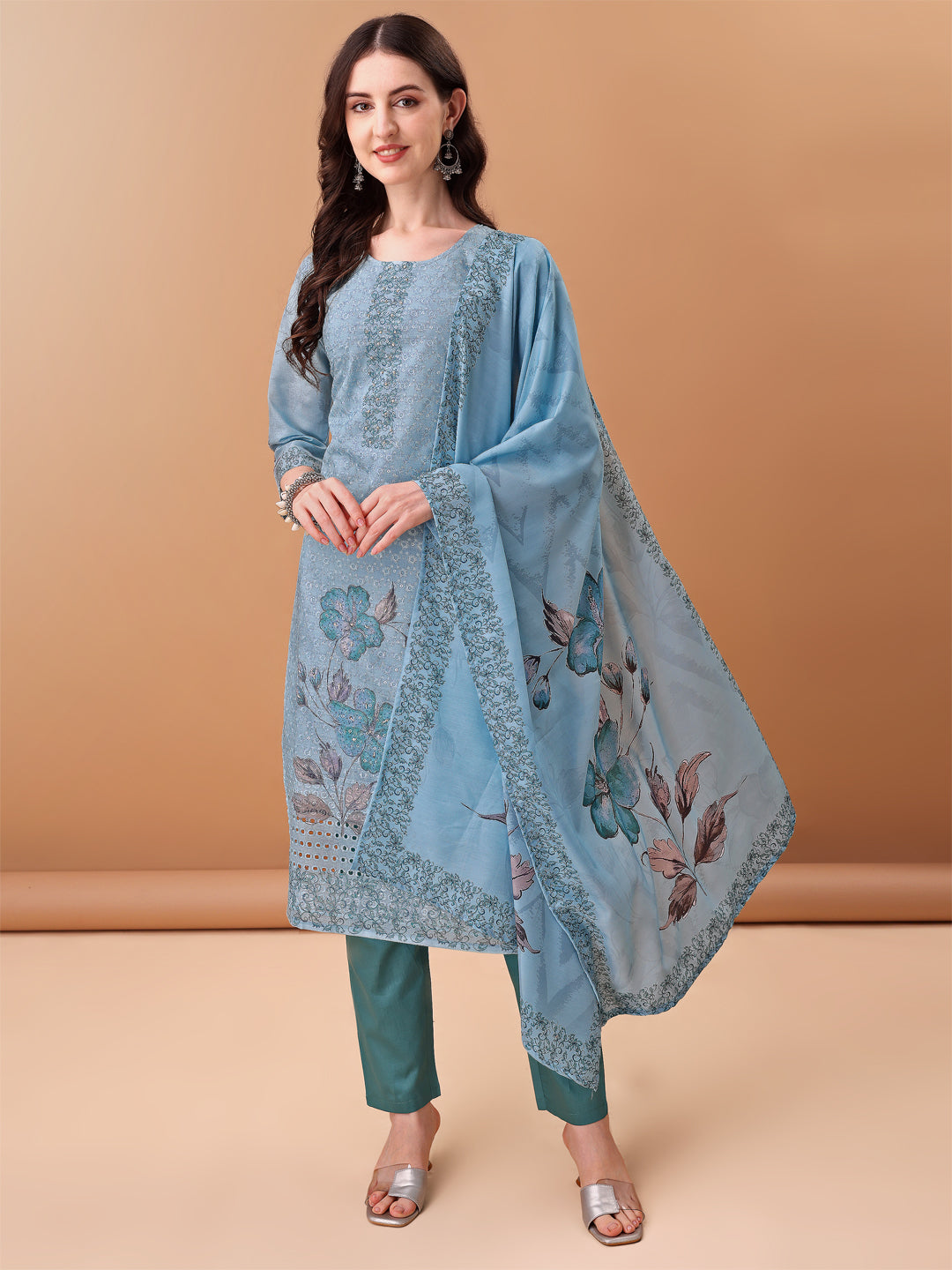 Hand Embroidered,Schiffli & Printed Kurta With Pant & Printed Dupatta, Blue - Hiral Fashion | Grocsy