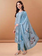 Hand Embroidered,Schiffli & Printed Kurta With Pant & Printed Dupatta, Blue - Hiral Fashion | Grocsy