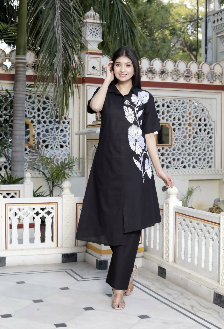 Miravan Women's Black Pure Cotton Floral Embroidered High Low Co-Ord Set | Grocsy