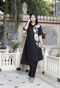 Miravan Women's Black Pure Cotton Floral Embroidered High Low Co-Ord Set | Grocsy