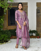 Vaasva Women's Chanderi Printed Suit Set With Pant And Printed Dupatta | Grocsy