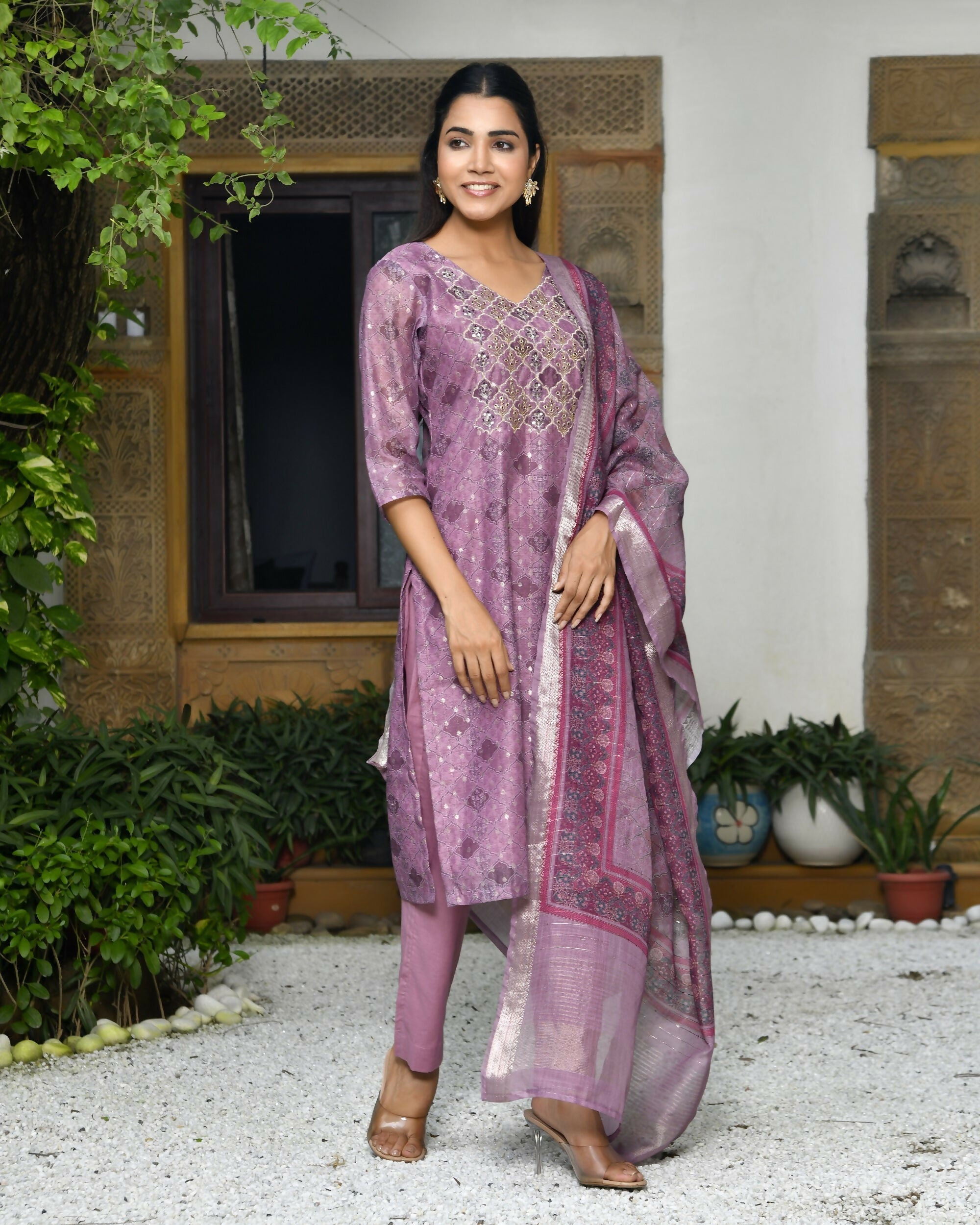 Vaasva Women's Chanderi Printed Suit Set With Pant And Printed Dupatta | Grocsy