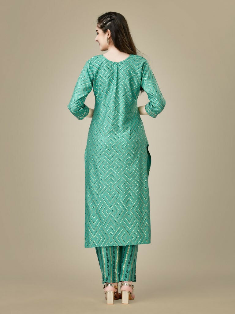 Jyoti Fashion Women's Pista Green Rayon Embroidered Kurta Pant Set | Grocsy